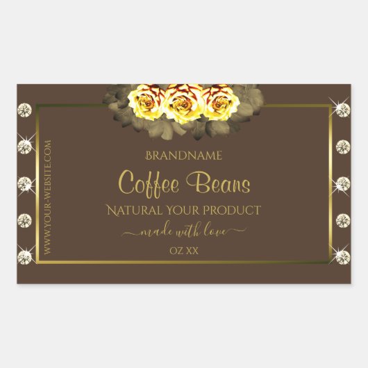 ダークブラウン金ゴールド製品ラベルイエローローズジュエリー 長方形シール (正面)