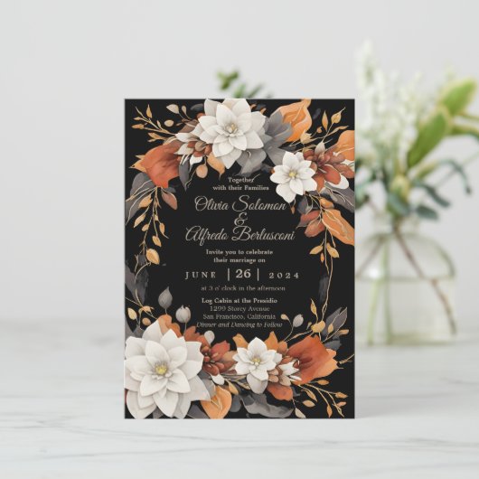 ダークブラウン、コーヒーキャラメルとベージュ秋のフローラ 招待状 (スタンド正面)