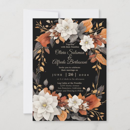 ダークブラウン、コーヒーキャラメルとベージュ秋のフローラ 招待状 (正面)