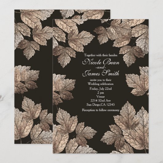 ダークブラウン & ブロンズの葉の落ち着いた秋の招待状 招待状 (正面/裏面)