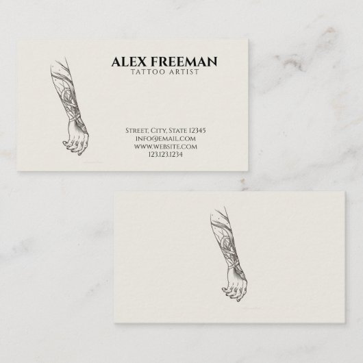 ダークブラックとカーキのタトゥー入れ腕タトゥーアーティスト 名刺 (正面/裏面)