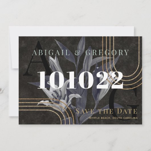 ダークブラックのムーディボタニカルウェディング日付を保存 セーブザデート (正面)