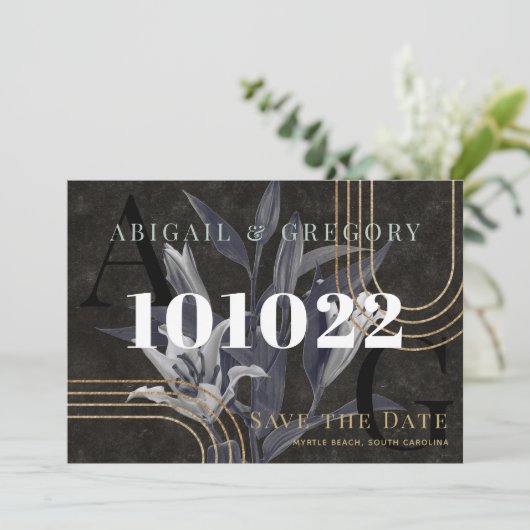 ダークブラックのムーディボタニカルウェディング日付を保存 セーブザデート (スタンド正面)