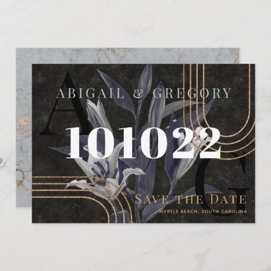 ダークブラックのムーディボタニカルウェディング日付を保存 セーブザデート (正面/裏面)