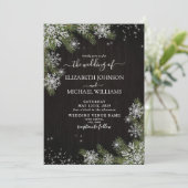 ダークブラックシルバー冬の緑結婚の写真 招待状 (スタンド正面)
