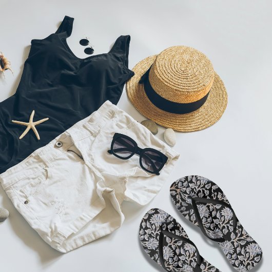 ダークブラックフローラペアビーチサンダル ビーチサンダル