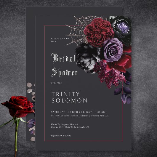 ダークブラックフローラ&シルバーくもの巣ブライダルシャワー 招待状