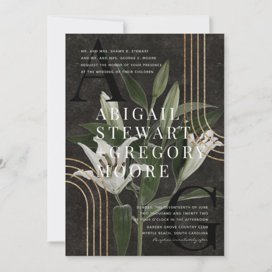 ダークブラックムーディグリーンボタニカル結婚ズ 招待状 (正面)