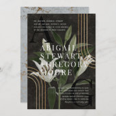 ダークブラックムーディグリーンボタニカル結婚ズ 招待状 (正面/裏面)