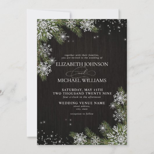 ダークブラック素朴シルバー冬の緑結婚色 招待状 (正面)