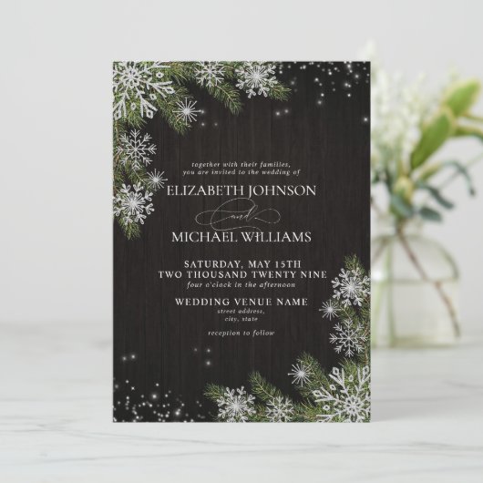 ダークブラック素朴シルバー冬の緑結婚色 招待状 (スタンド正面)