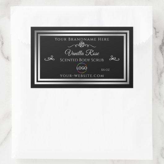 ダークブラック製品ラベル銀枠(ロゴ付き) 長方形シール (バッグ)