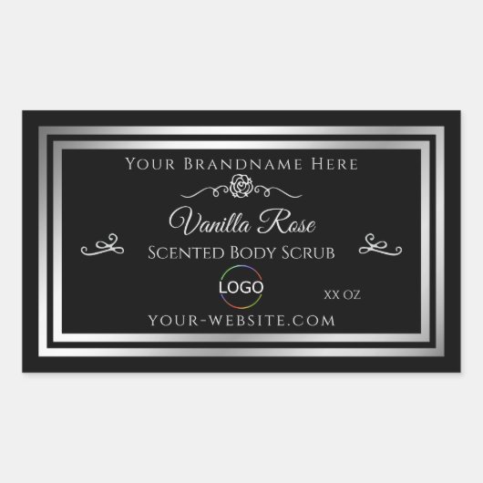 ダークブラック製品ラベル シルバーフレーム ロゴ付き 長方形シール (正面)