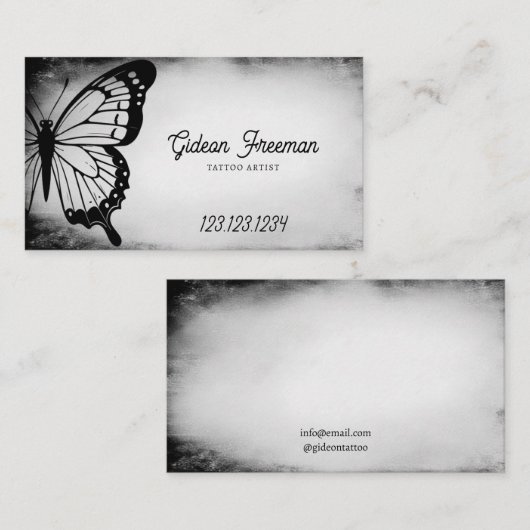 ダークブラック&グレーバタフライタトゥーアーティスト 名刺 (正面/裏面)