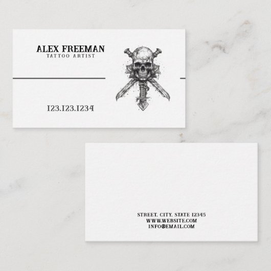 ダークブラック&ホワイトソードスカルタトゥーアーティスト 名刺 (正面/裏面)