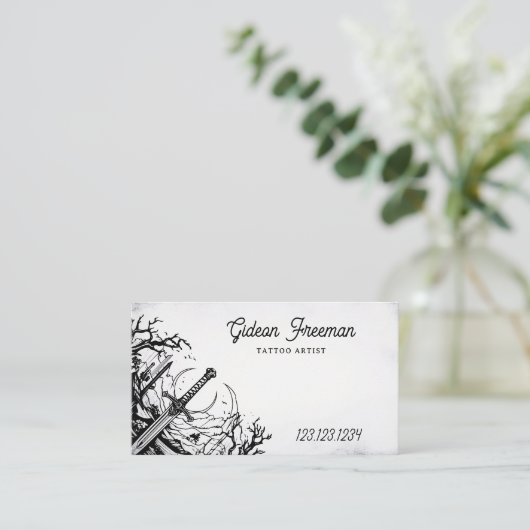 ダークブラック&ホワイトソードタトゥーアーティスト 名刺 (スタンド正面)