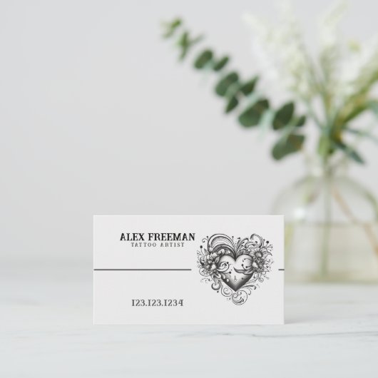 ダークブラック&ホワイトハートタトゥーアーティスト 名刺 (スタンド正面)