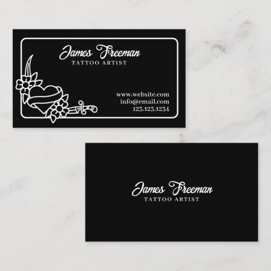 ダークブラック&ホワイトハートナイフタトゥーアーティスト 名刺 (正面/裏面)