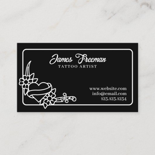 ダークブラック&ホワイトハートナイフタトゥーアーティスト 名刺 (正面)
