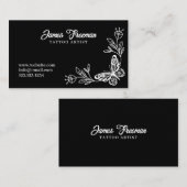 ダークブラック&ホワイトバタフライフラワータトゥーアーティスト 名刺 (正面/裏面)