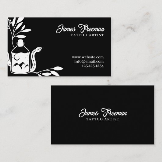 ダークブラック&ホワイト葉スネーク入れ墨アーティスト 名刺 (正面/裏面)