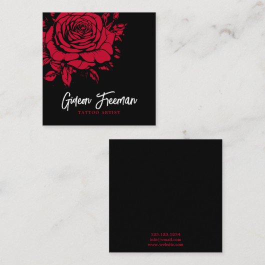 ダークブラック&レッドローズタトゥーアーティスト スクエア名刺 (正面/裏面)