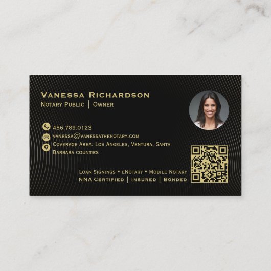 ダークブラック&金ゴールドモノグラムお洒落公証人QR写真 名刺 (裏面)
