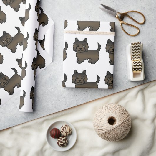 ダークブリンドルケアンテリアの漫画の犬パターン ラッピングペーパー (クラフト)