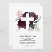 ダークブルゴーニュバラ&ホワイトクロスガール洗礼 招待状 (正面/裏面)