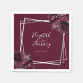 ダークブルゴーニュフローラシルバー幾何結婚の スタンダードカクテルナプキン (正面)