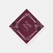 ダークブルゴーニュフローラシルバー幾何結婚の スタンダードカクテルナプキン (角)