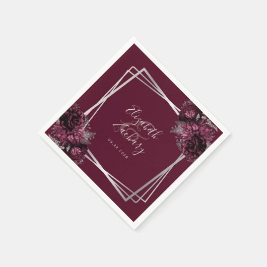 ダークブルゴーニュフローラシルバー幾何結婚の スタンダードカクテルナプキン (角)