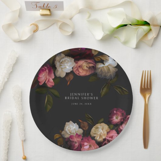 ダークブルゴーニュ&クリームピーニーブラックシャワー ペーパープレート (ウェディング)