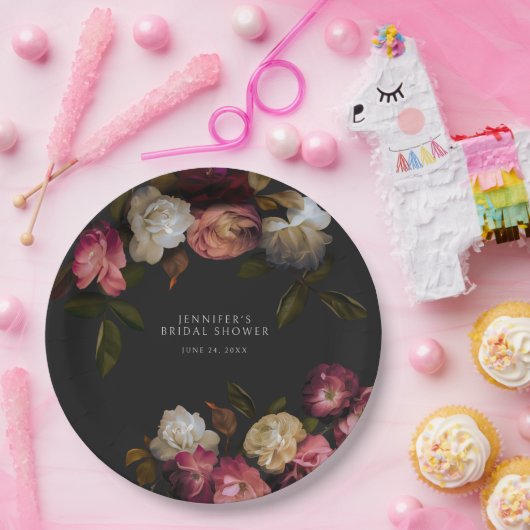 ダークブルゴーニュ&クリームピーニーブラックシャワー ペーパープレート (パーティー)