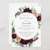 ダークブルゴーニュ&赤面ピンクフローラブライダルシャワー 招待状 (正面/裏面)