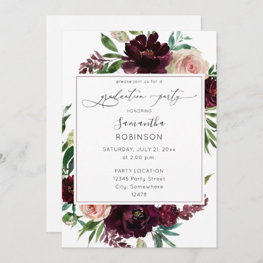 ダークブルゴーニュ&赤面ピンクフローラ卒業パーティー 招待状 (正面/裏面)