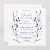 ダークブルーつる植物&フラワーブライダルシャワー招待 招待状 (正面/裏面)