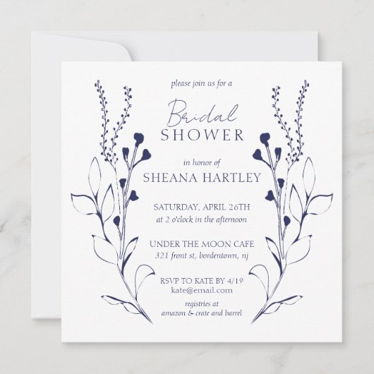 ダークブルーつる植物&フラワーブライダルシャワー招待 招待状 (正面)