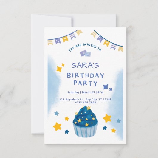 ダークブルーとイエローのコンフェッティ誕生日招待状 招待状 (正面)