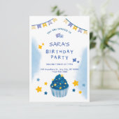 ダークブルーとイエローのコンフェッティ誕生日招待状 招待状 (スタンド正面)