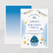 ダークブルーとイエローのコンフェッティ誕生日招待状 招待状 (正面/裏面)