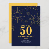 ダークブルーとイエローの花火 50周年 招待状 (正面/裏面)