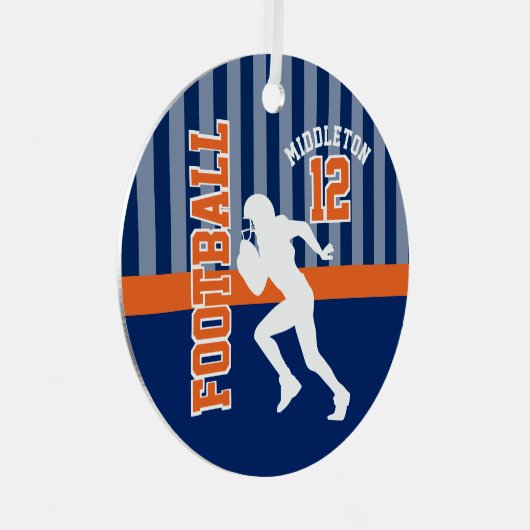 ダークブルーとオレンジのサッカースポーツ メタルオーナメント (正面右)