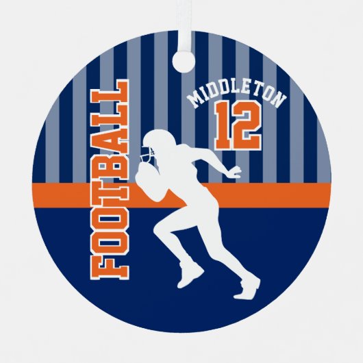 ダークブルーとオレンジのサッカースポーツ メタルオーナメント (正面)