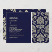 ダークブルーとクリームのダマスク結婚式招待状 招待状 (正面/裏面)