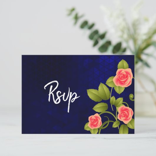 ダークブルーとコーラルローズの花のウェディングコレクション 出欠カード (スタンド正面)