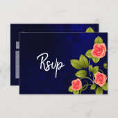 ダークブルーとコーラルローズの花のウェディングコレクション 出欠カード (正面/裏面)