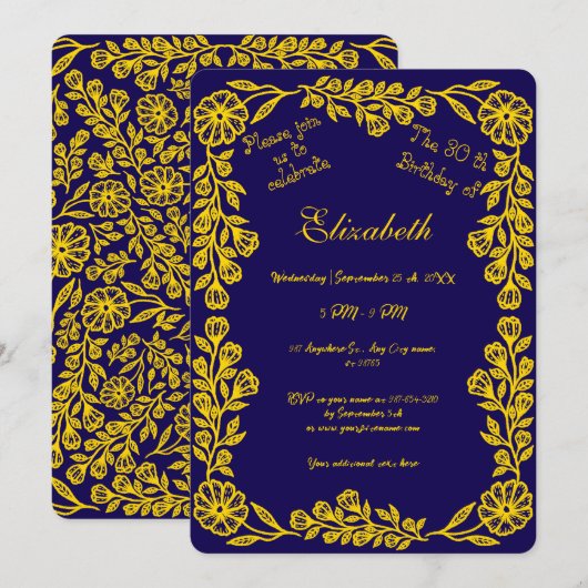 ダークブルーとゴールドのボタニカルフラワーの30歳の誕生日 招待状 (正面/裏面)