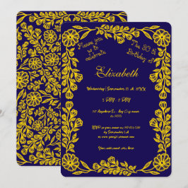 ダークブルーとゴールドのボタニカルフラワーの30歳の誕生日 招待状