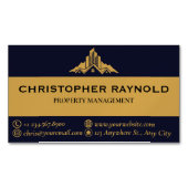 ダークブルーとゴールドのモダンミニマル不動産 マグネット名刺 (正面)